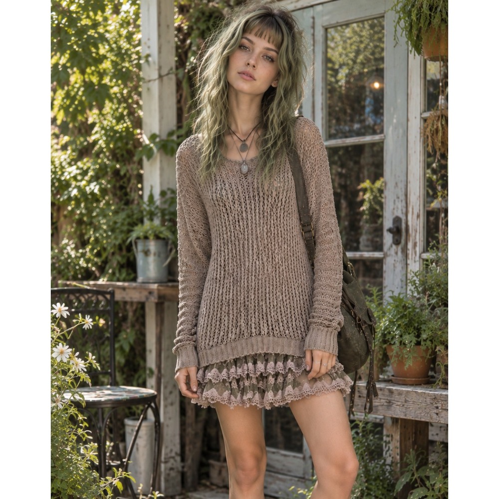 Entro Fairy Grunge Crochet Sweater M Lace Ruffle Hem Boho Festival Taupe